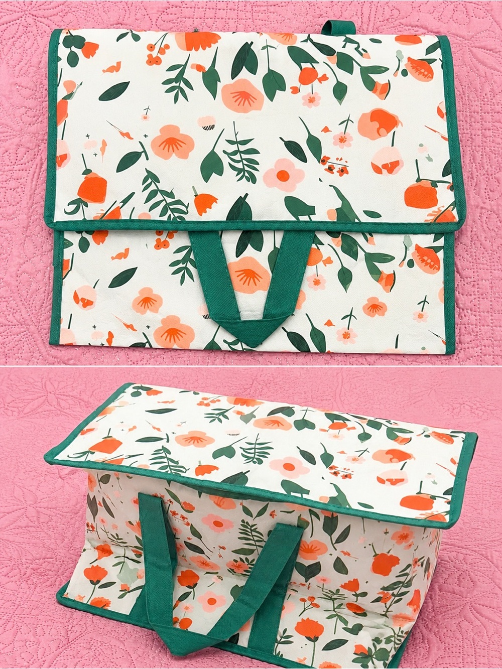 Amazon Floral Folding Storage Tote - Green & Coral